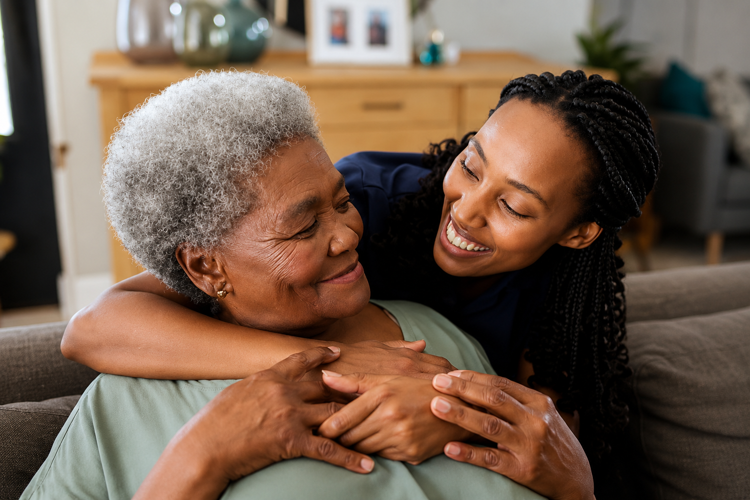 A caregiver embracing an older patient
